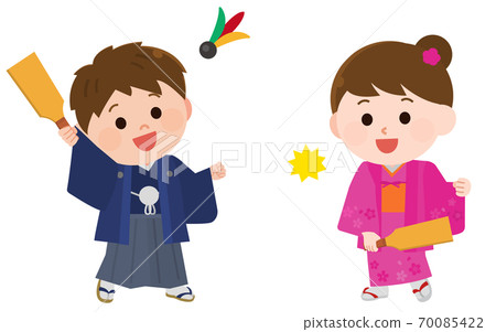 新年插圖的和服翅膀玩耍的孩子 70085422