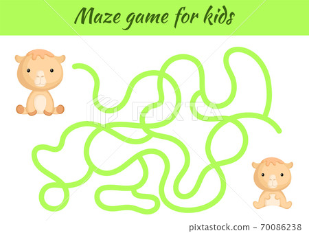 Funny maze or labyrinth game for kids. Help mother find path to baby. Education developing worksheet. Activity page. Cartoon camel characters. Riddle for preschool. Color vector stock illustration. 70086238