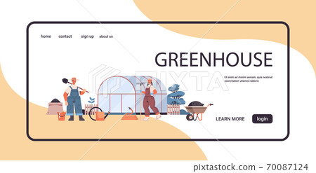 farmers in uniform working on greenhouse gardening organic eco farming agriculture concept farmers in uniform working on greenhouse gardening organic eco farming agriculture concept 70087124