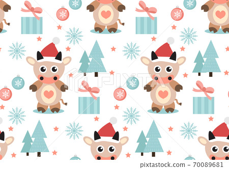 Merry christmas seamless pattern. Cute Bull in a hat of Santa Claus, snowflakes endless texture background. Vector illustration 70089681