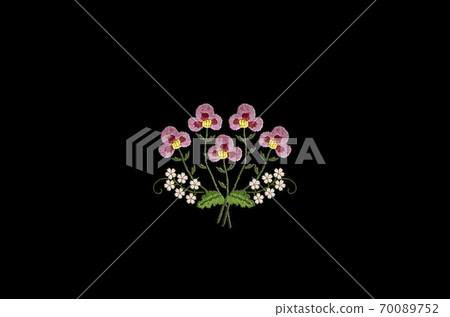 Embroidery of a small bouquet with delicate pink and white flowers with branches and leaves on a black background Embroidery of a small bouquet with delicate pink and white flowers with branches and leaves on a black background 70089752