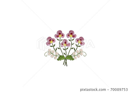 Embroidery of a small bouquet with delicate pink and white flowers with branches and leaves on a white background Embroidery of a small bouquet with delicate pink and white flowers with branches and leaves on a white background 70089753