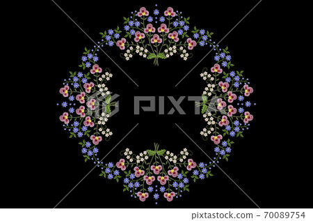 Oval pattern with embroidery of bouquets with pink, blue and white flowers on twigs with leaves on a black background Oval pattern with embroidery of bouquets with pink, blue and white flowers on twigs with leaves on a black background 70089754