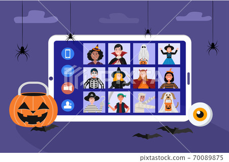 Children in Halloween dress video meetings due to the outbreak of the COVID-19 pandemic. Vector 70089875