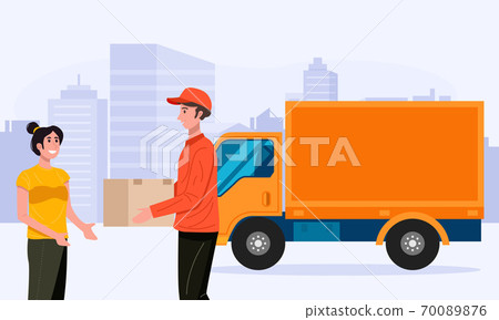 Delivery man handling parcel package box to customer. Vector 70089876