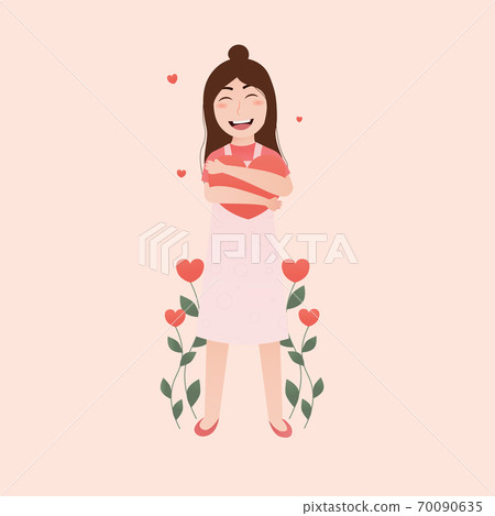 Self care and love concept with cute girl holding heart and love flowers on pink background in cartoon style Self care and love concept with cute girl holding heart and love flowers on pink background in cartoon style 70090635