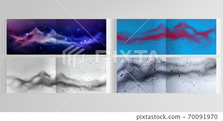 Vector layouts of horizontal presentation templates for landscape design brochure, cover design, flyer, book. Colorful wavy particle surface background for technology or science cyber space concept. 70091970