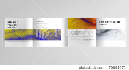 3d realistic vector layout of cover mockup templates for bifold square brochure, flyer, cover design, book. Colorful wavy particle surface background for technology or science cyber space concept. 70091971