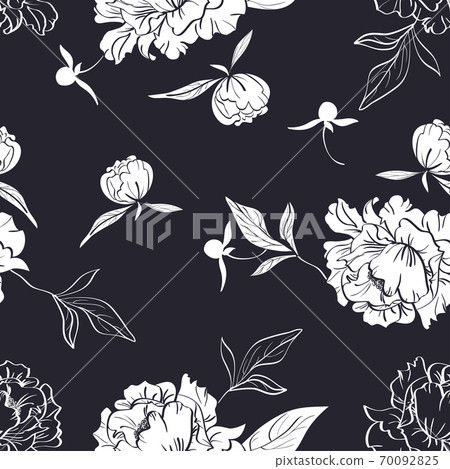 Black and white floral seamless pattern with peonies 70092825