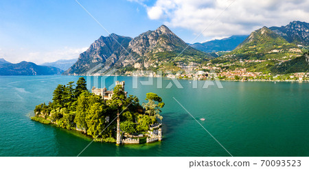 Castle on Loreto Island on Lake Iseo in Italy 70093523
