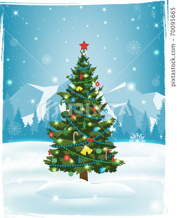 Christmas tree with decorations and gift boxes. Holiday background. Merry Christmas and Happy New Year. Vector 70095665