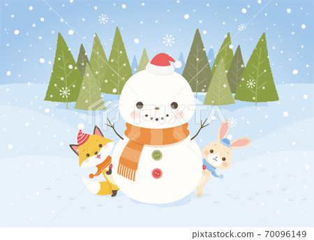 小狐狸和小兔子在堆雪人附近玩 70096149