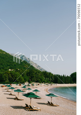 Luxurious wooden sun loungers and green beach umbrellas, on a sandy beach in Milocer Park, near Sveti Stefan Island, Montenegro. Luxurious wooden sun loungers and green beach umbrellas, on a sandy beach in Milocer Park, near Sveti Stefan Island, Montenegro. 70096552