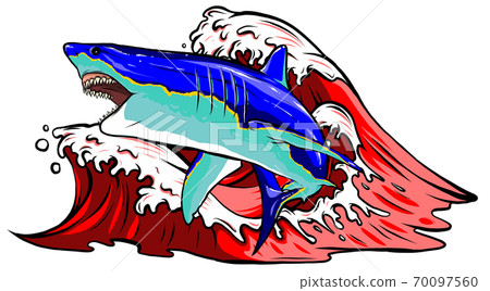 Sea background with jumping out of the water shark, vector illustration 70097560