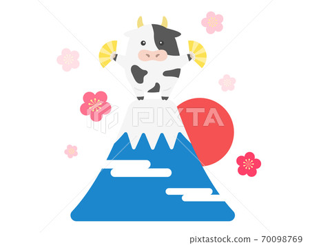 Illustration of a cow character dancing at the top of Mt. Fuji Illustration of a cow character dancing at the top of Mt. Fuji 70098769
