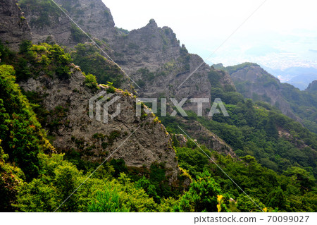 Image of steep rocks and cliffs connected to the stratus seen from Kankakei Ropeway Observatory, Shodoshima, Kagawa Prefecture (2) 70099027