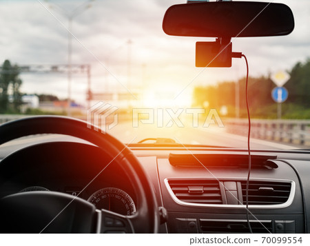 Rear view from car on highway. Driving car 70099554