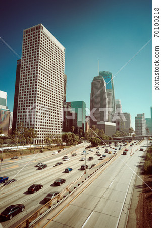 Los Angeles downtown skyscrapper and highway 70100218