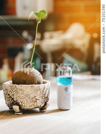 Alcohol nano mist sprayer for hand cleaning to prevent the spread of the Corona virus (Covid-19) to serve customers at coffee shop. Modern health technology. New normal lifestyle. Selective focus 70101390