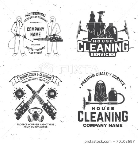 Disinfection and cleaning services badge, logo, emblem. Vector. For professional disinfection and cleaning company. Vintage typography design with disinfectant worker and sprayer Disinfection and cleaning services badge, logo, emblem. Vector. For professional disinfection and cleaning company. Vintage typography design with disinfectant worker and sprayer 70102697