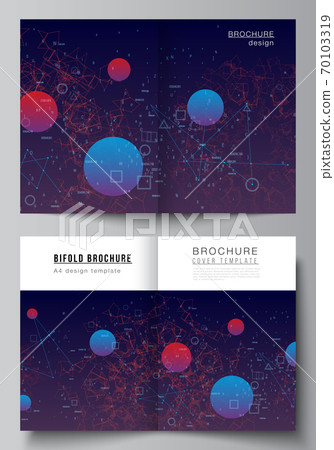 Vector layout of two A4 cover mockups templates for bifold brochure, flyer, magazine, cover design, book design. Artificial intelligence, big data visualization. Quantum computer technology concept. 70103319