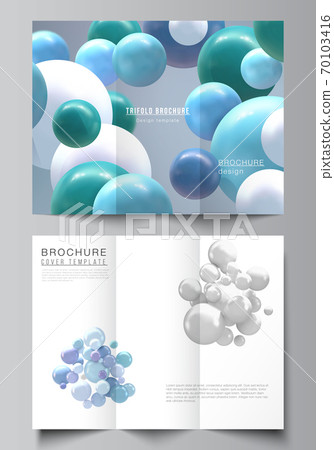 Vector layouts of covers design templates for trifold brochure, flyer layout, magazine, book design, brochure cover, advertising. Realistic background with multicolored 3d spheres, bubbles, balls. Vector layouts of covers design templates for trifold brochure, flyer layout, magazine, book design, brochure cover, advertising. Realistic background with multicolored 3d spheres, bubbles, balls. 70103416