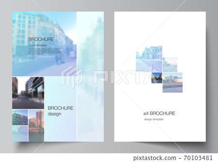 Vector layout of A4 format cover mockups templates for brochure, flyer layout, booklet, cover design, book design, brochure cover. Abstract design project in geometric style with blue squares. 70103481