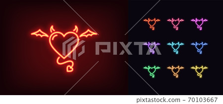 Neon devil heart, glowing icon. Neon demon heart with wings, tail and horns. Flying evil love 70103667