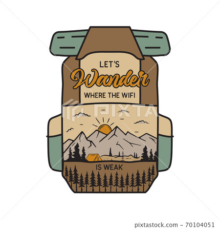 Vintage camping adventure badge illustration design. Outdoor logo emblem with mountains scene inside the backpack and text - Lets wander. Unusual linear hipster style patch. Stock vector 70104051