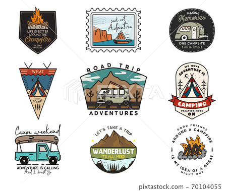 Camping adventure badges logos set, Vintage travel emblems. Hand drawn stickers designs bundle. Hiking road trip, rv, canoe labels. Outdoor camper insignias. Logotypes collection. Stock vector. Camping adventure badges logos set, Vintage travel emblems. Hand drawn stickers designs bundle. Hiking road trip, rv, canoe labels. Outdoor camper insignias. Logotypes collection. Stock vector. 70104055