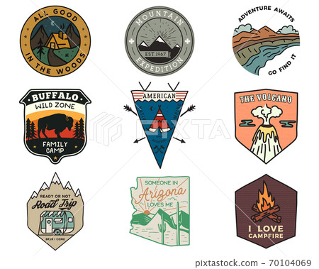 Vintage travel logos patches set. Hand drawn camping labels designs. Texas,  backpacking, surfing. Outdoor hike emblems. Hiking logotypes collection.  Stock vector isolated on white., Stock vector