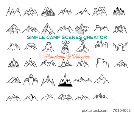 Simple vector mountains icons shapes set. Logo creation kit. Outdoor adventure line art mountain elements bundle. Silhouette linear concept. Stock vector collection 70104091