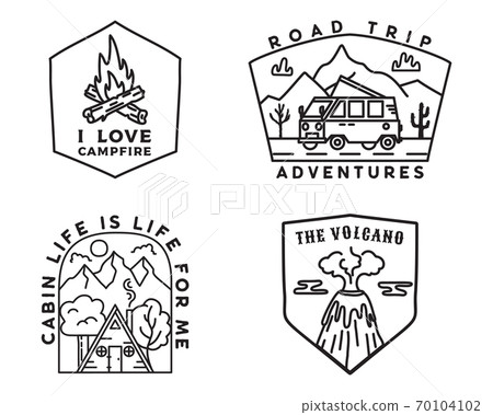 Vintage mountain camp badges logos set, Adventure stickers. Hand drawn emblems bundle. Road trip, Travel expedition, campfire labels. Outdoor hiking designs. Linear Logotypes collection. Stock vector. 70104102