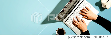 Person using a laptop computer with a piggy bank 70104404