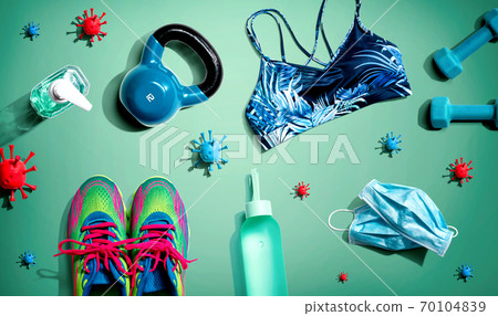 Fitness and coronavirus theme with workout set 70104839