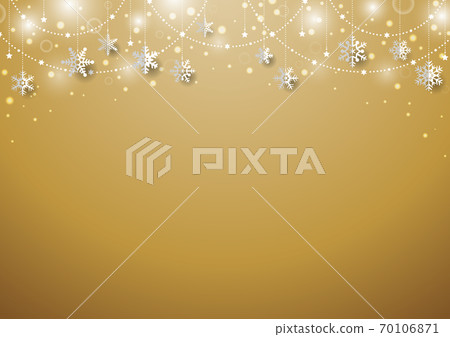 Christmas background frame gold with glitter illuminations with hanging snowflakes 70106871