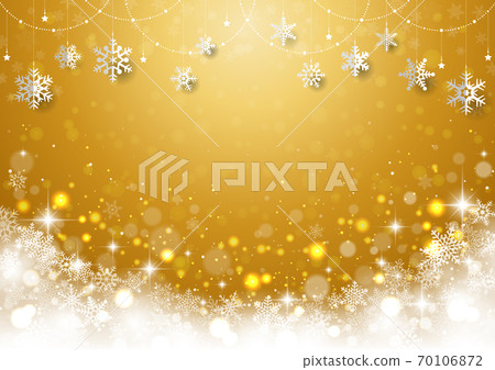 Christmas background frame gold with glitter illuminations with hanging snowflakes Christmas background frame gold with glitter illuminations with hanging snowflakes 70106872