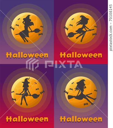 4 combinations, witch silhouette, cartoon comic vector illustration, postcard, invitation card, poster, sticker, background, set 4 combinations, witch silhouette, cartoon comic vector illustration, postcard, invitation card, poster, sticker, background, set 70108145