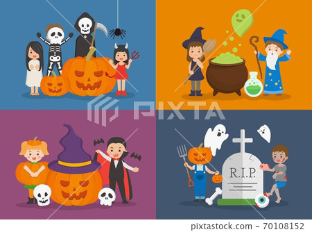 Cute children halloween ghost dress up, cartoon comic vector illustration, set 70108152