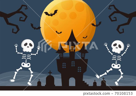 Skeleton dancing in the terrible night, cartoon comic vector illustration, postcard, invitation card, poster, sticker, background 70108153