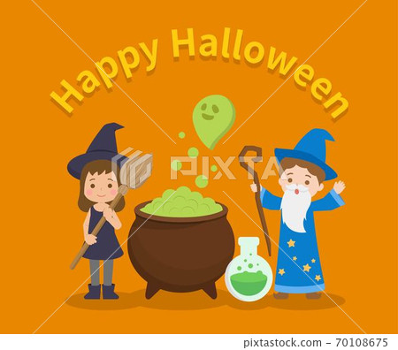 Cute children in Halloween costumes, witches and wizards, cartoon comic vector illustration Cute children in Halloween costumes, witches and wizards, cartoon comic vector illustration 70108675