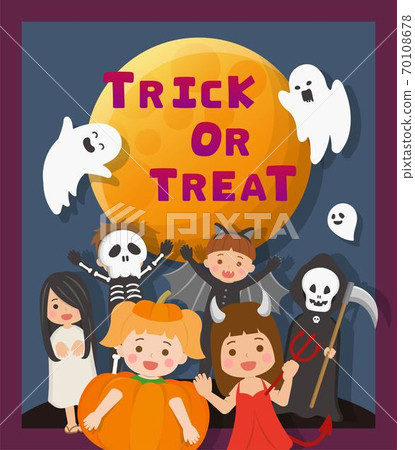 Cute children's Halloween costumed card, pumpkin, bat, devil, ghost, grim reaper, skeleton, cartoon comic vector illustration 70108678
