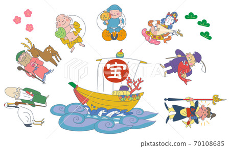 2021 Seven Lucky Gods New Year's card material illustration 70108685