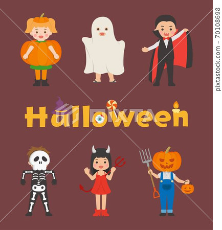 6個可愛的兒童萬聖節鬼裝扮,卡通漫畫向量插畫 70108698
