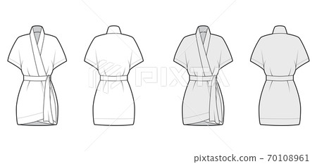 Kimono technical fashion illustration with relaxed fit, short batwing sleeves, belt at the waist, above-the-knee length 70108961