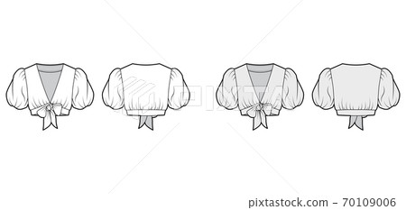 Tie-front cropped shirt technical fashion illustration with voluminous short puff sleeves, plunging neckline Flat blouse 70109006