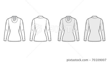 Cowl turtleneck jersey sweater technical fashion illustration with long sleeves, close-fitting shape, tunic length 70109007