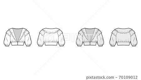 Ruffled cropped blouse technical fashion illustration with elbow puff sleeves, front button fastenings, fitted body.  70109012