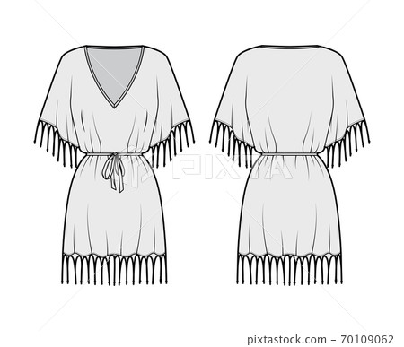 Fringed kaftan dress technical fashion illustration with V-neck, batwing elbow sleeves, above-the-knee length, oversized 70109062