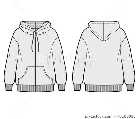 Zip-up oversized cotton-fleece hoodie technical fashion illustration with pocket, relaxed fit, long sleeves. Flat jumper Zip-up oversized cotton-fleece hoodie technical fashion illustration with pocket, relaxed fit, long sleeves. Flat jumper 70109085
